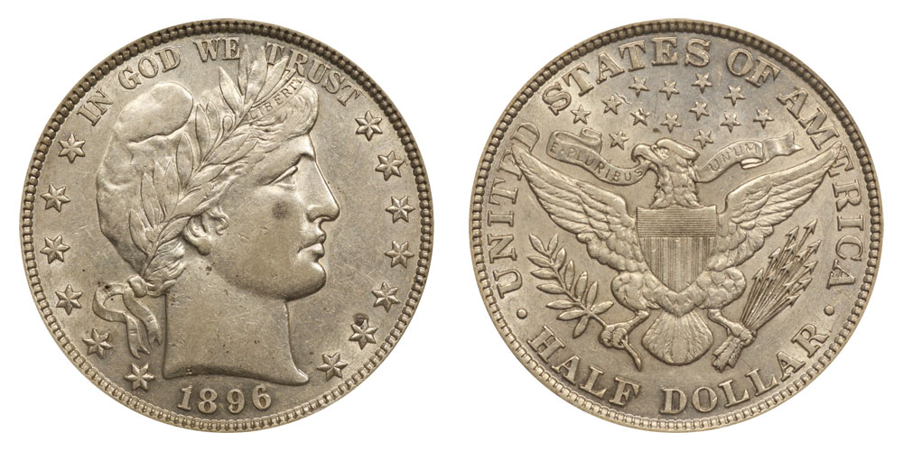 1896 Barber half dollar obverse showing Liberty portrait and LIBERTY headband
