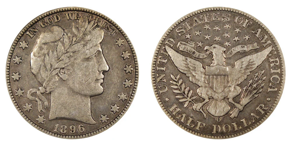 Side-by-side comparison of 1896 Philadelphia (no mint mark) versus 1896-O New Orleans Barber half dollar reverses