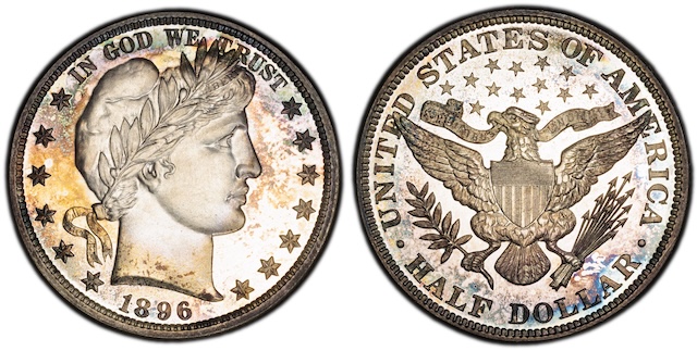 Historical New Orleans Mint building and group of 1896 Barber half dollars from all three mints