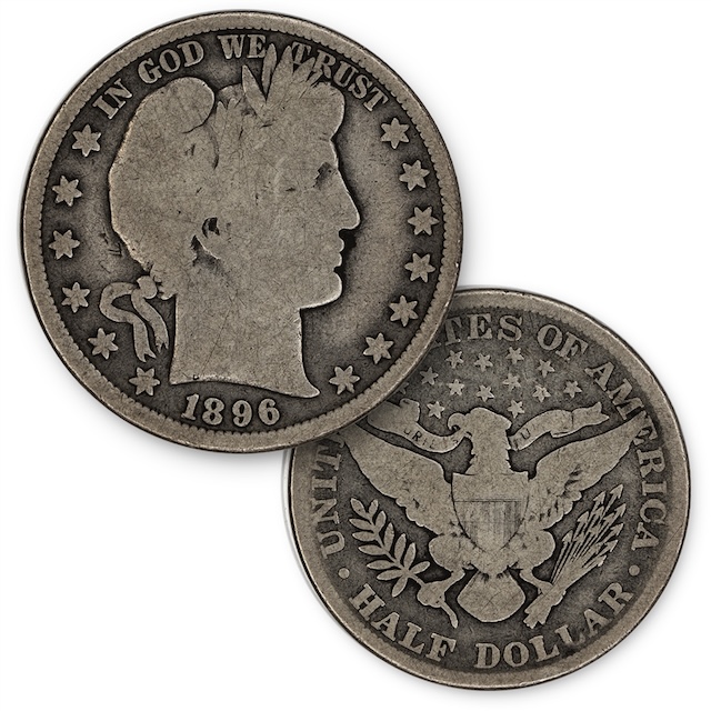Grading strip showing 1896 Barber half dollar in Good, Fine, EF-40, and Mint State conditions